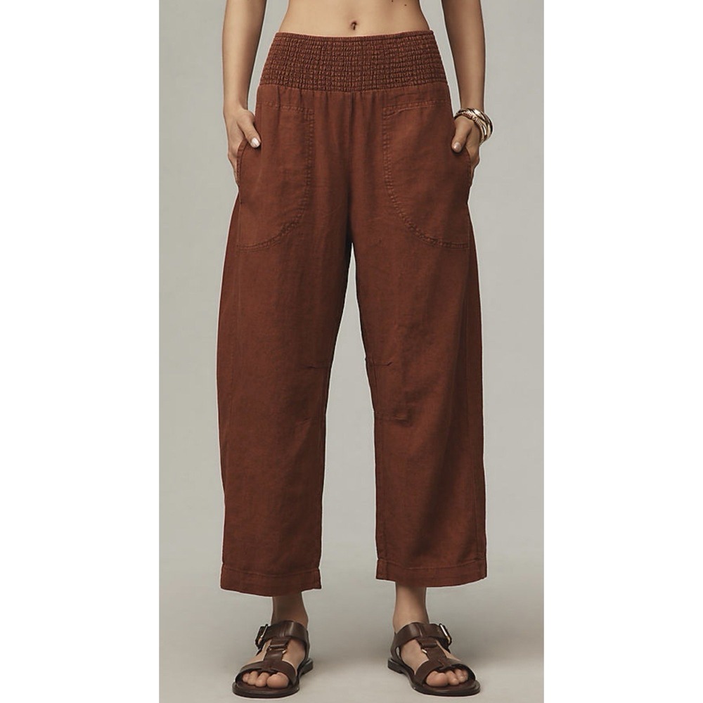Anthropologie Pilcro Reese Smocked Linen Barrel Pants Medium Brown Boho